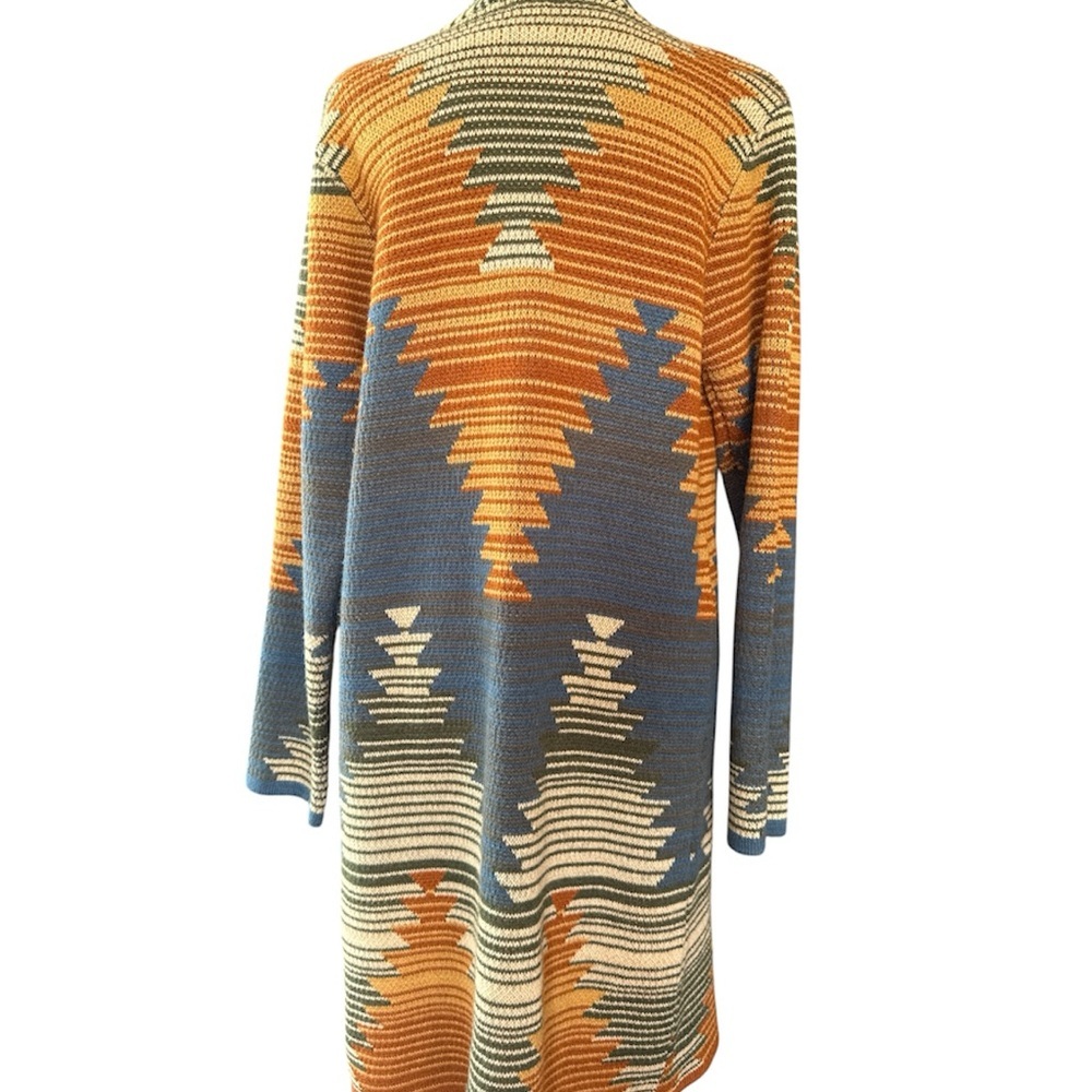 Open-Front Geometric Pattern Knit Cardigan - Orange, Blue, Cream Size Medium - Picture 3 of 9